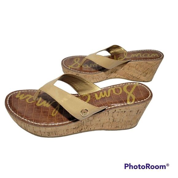 Sam Edelman Wedge Sandals Womens Size 9.5 M Romy Patent Leather Tan Flip Flop - Picture 4 of 12